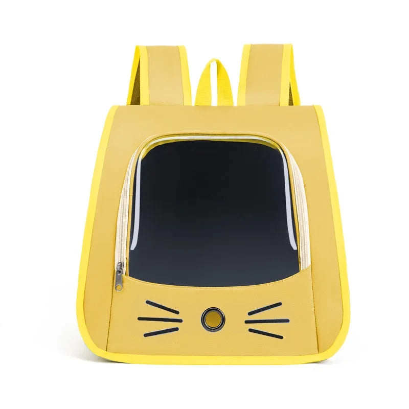 A yellow breathable pet carrier backpack designed for cats and small dogs.
