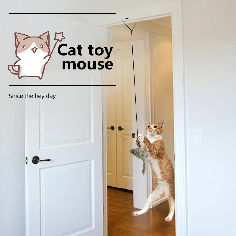 Eine tabbyartige Katze spielt mit einer Spielzeugmaus in einem weißen Türrahmen.