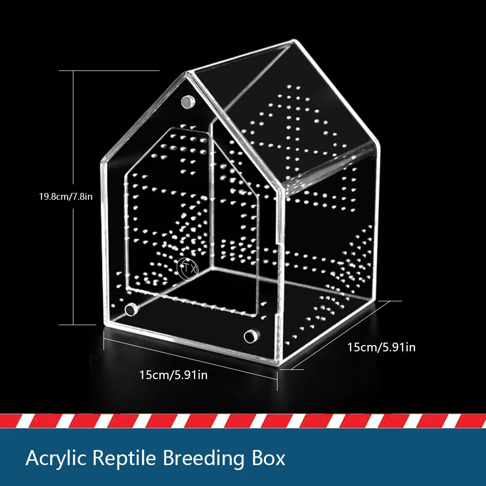 Clear acrylic reptile breeding box with a pitched roof and grid interior