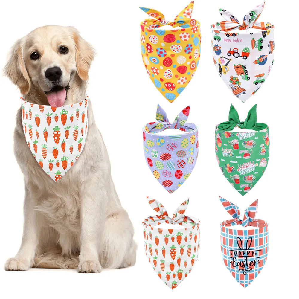 A golden retriever wearing an Easter themed bandana with a bunny and egg print.