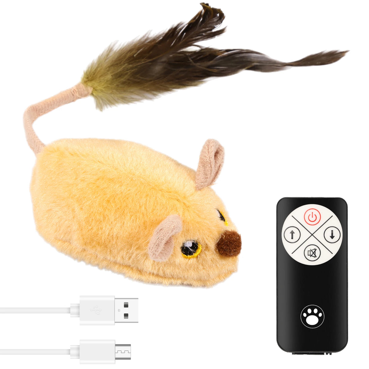 Flauschiger gelber Mäuse-Spielzeug mit dunklem Schwanz und Fernbedienung.