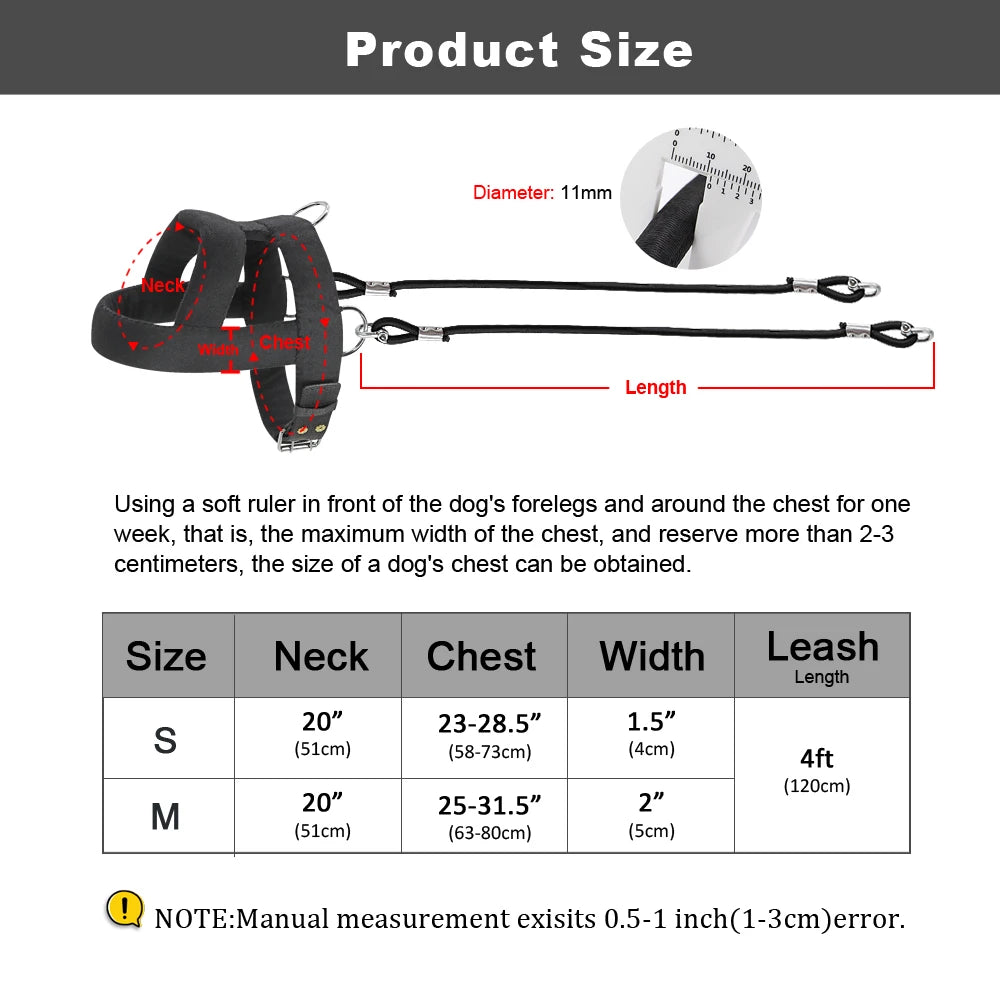 Diagram showing the size and dimensions of an adjustable weight pulling training harness for dogs.