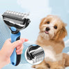 A hand holds a blue pet deshedding comb with a stainless steel comb, next to a fluffy light brown dog.