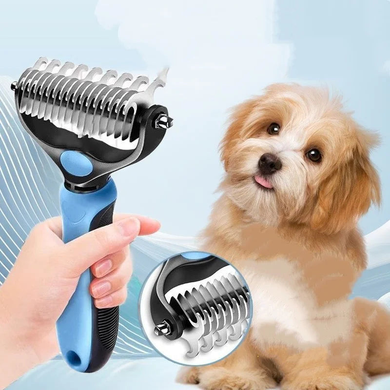 A hand holds a blue pet deshedding comb with a stainless steel comb, next to a fluffy light brown dog.