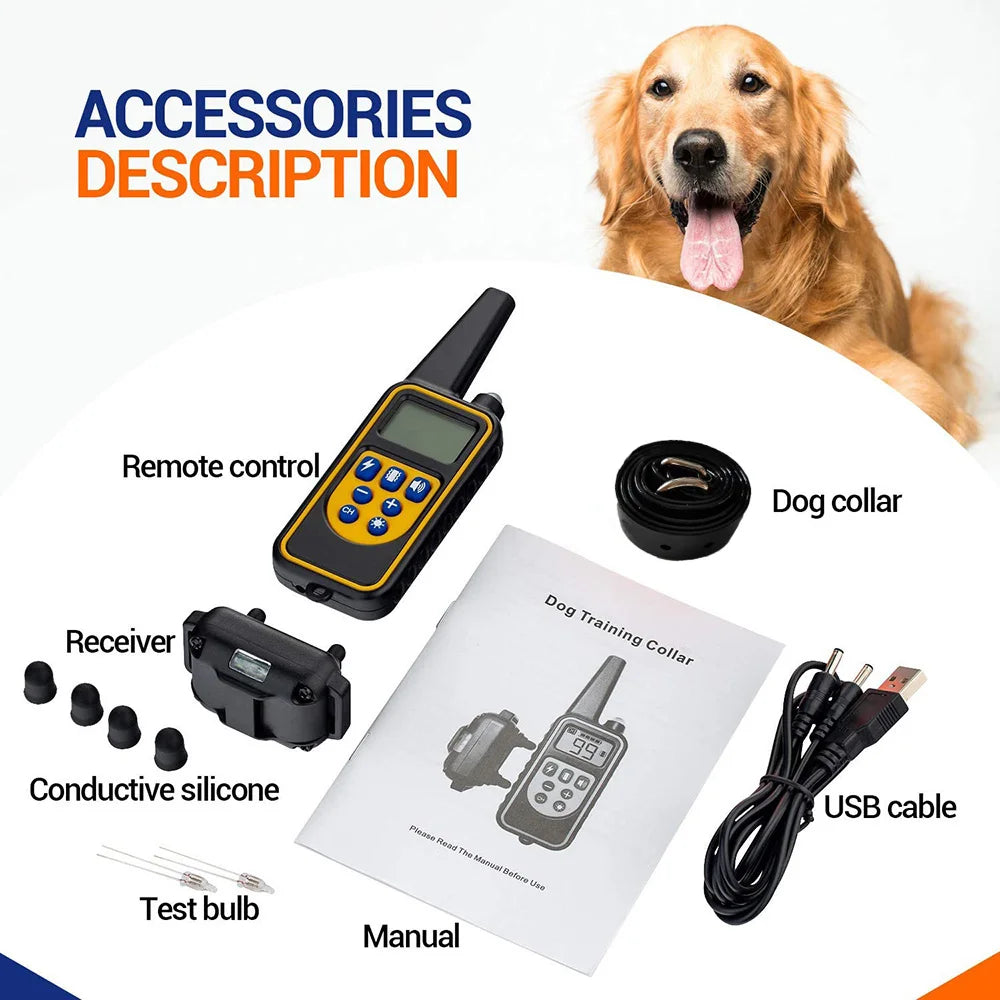 A set of dog training accessories including a remote control, receiver, conductive silicone, test bulb, manual, and USB cable