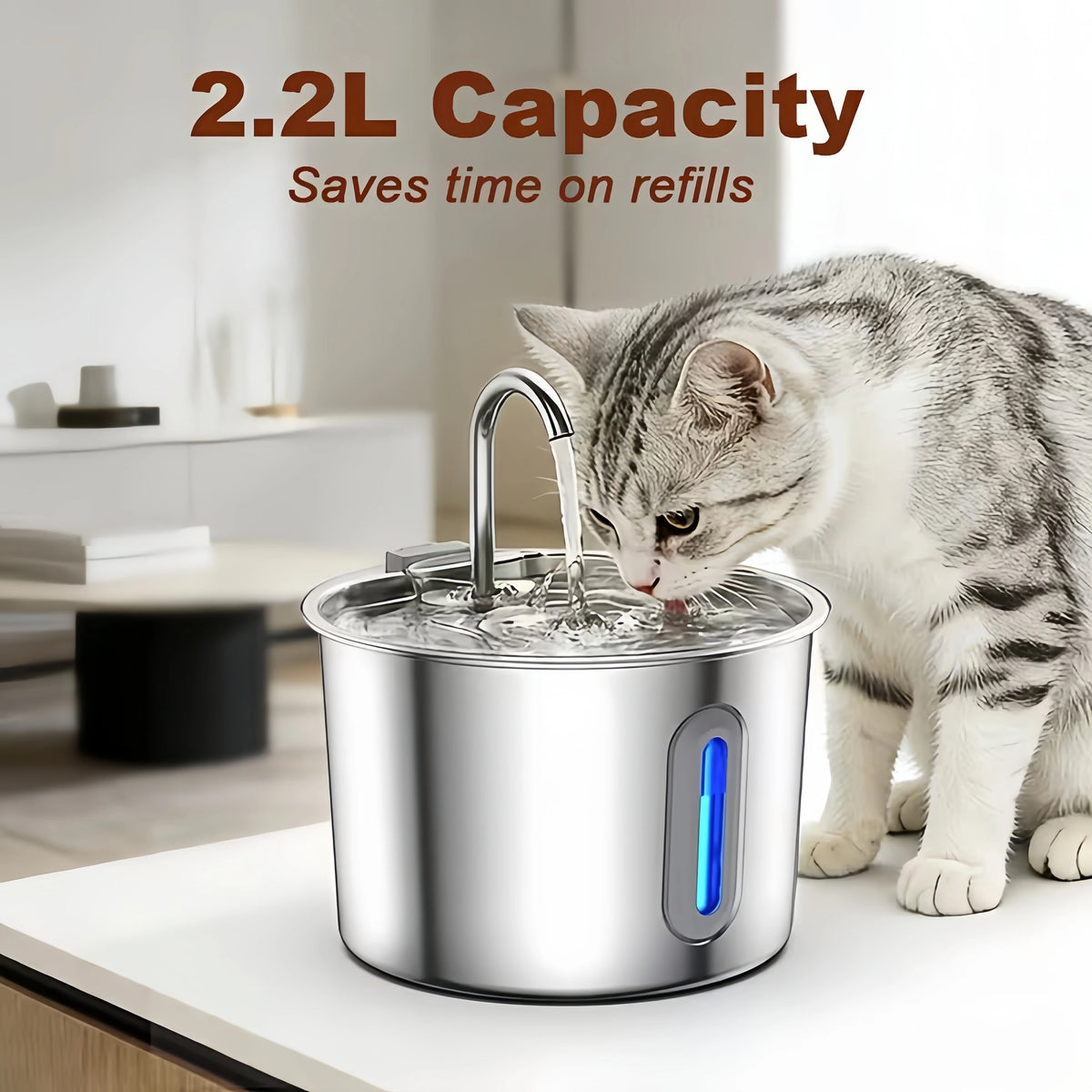 A stainless steel automatic cat water fountain with a kitten drinking water.
