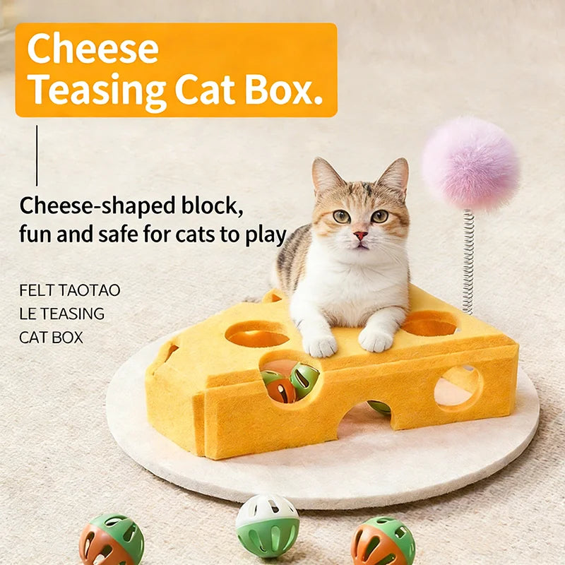 A yellow felt cat box with holes and balls is shown, used as a teasing toy for cats.