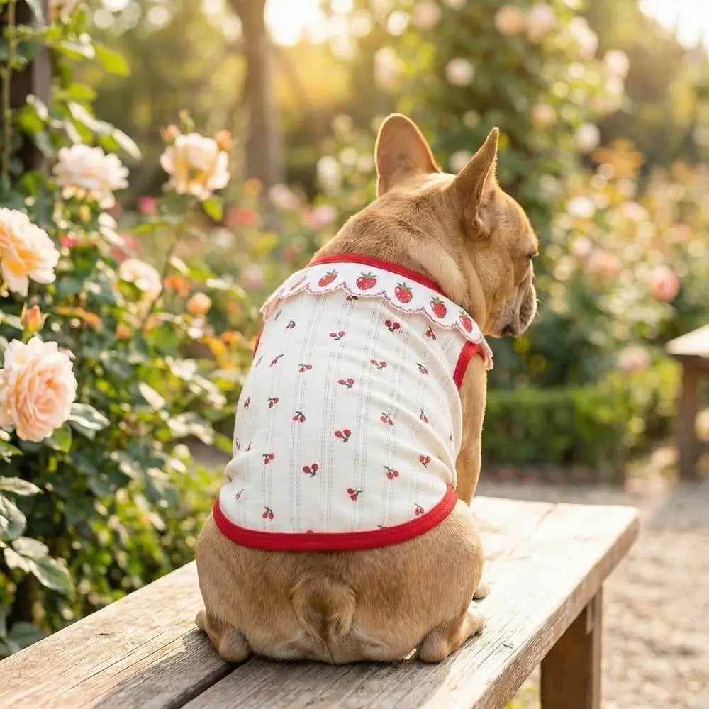 Ruffled Collar Cat Strawberry Vest with Cherry Pattern