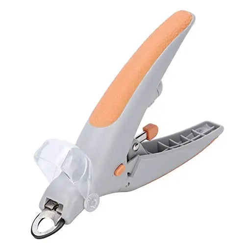 A pair of stainless steel pet nail clippers with an orange-colored handle and LED light feature.