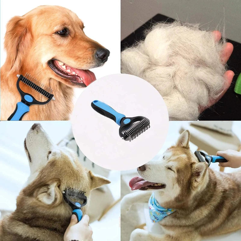 A collage showing a dog with a grooming comb, a close-up of white fur, and dogs using the stainless steel pet dematting comb.