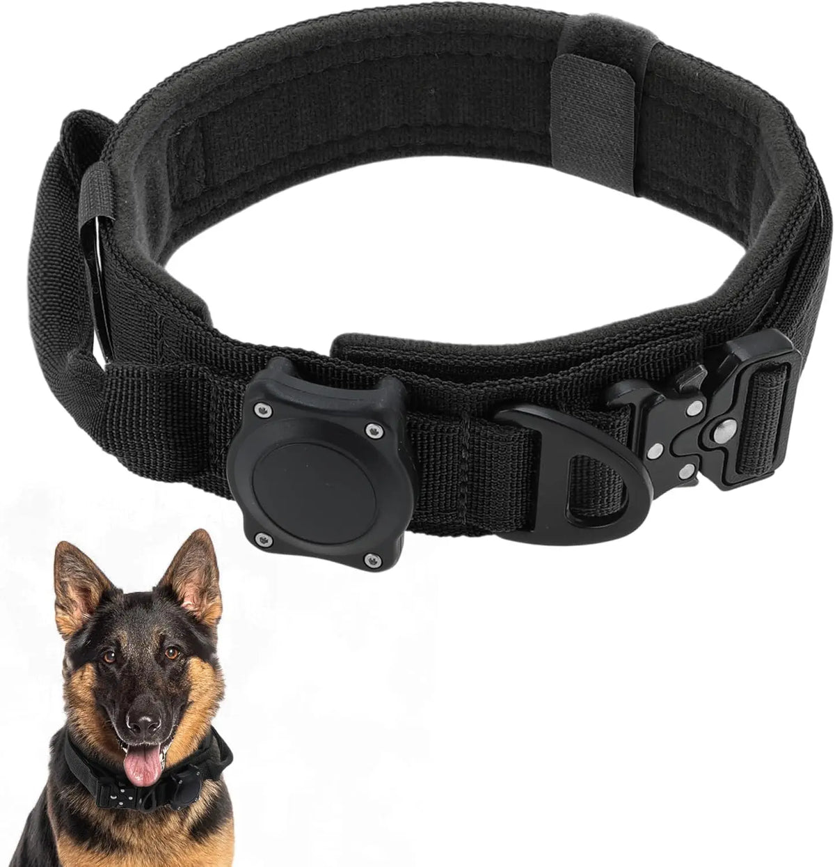 Black waterproof tactical dog collar with a control handle and airtag holder shown next to a dog's head.