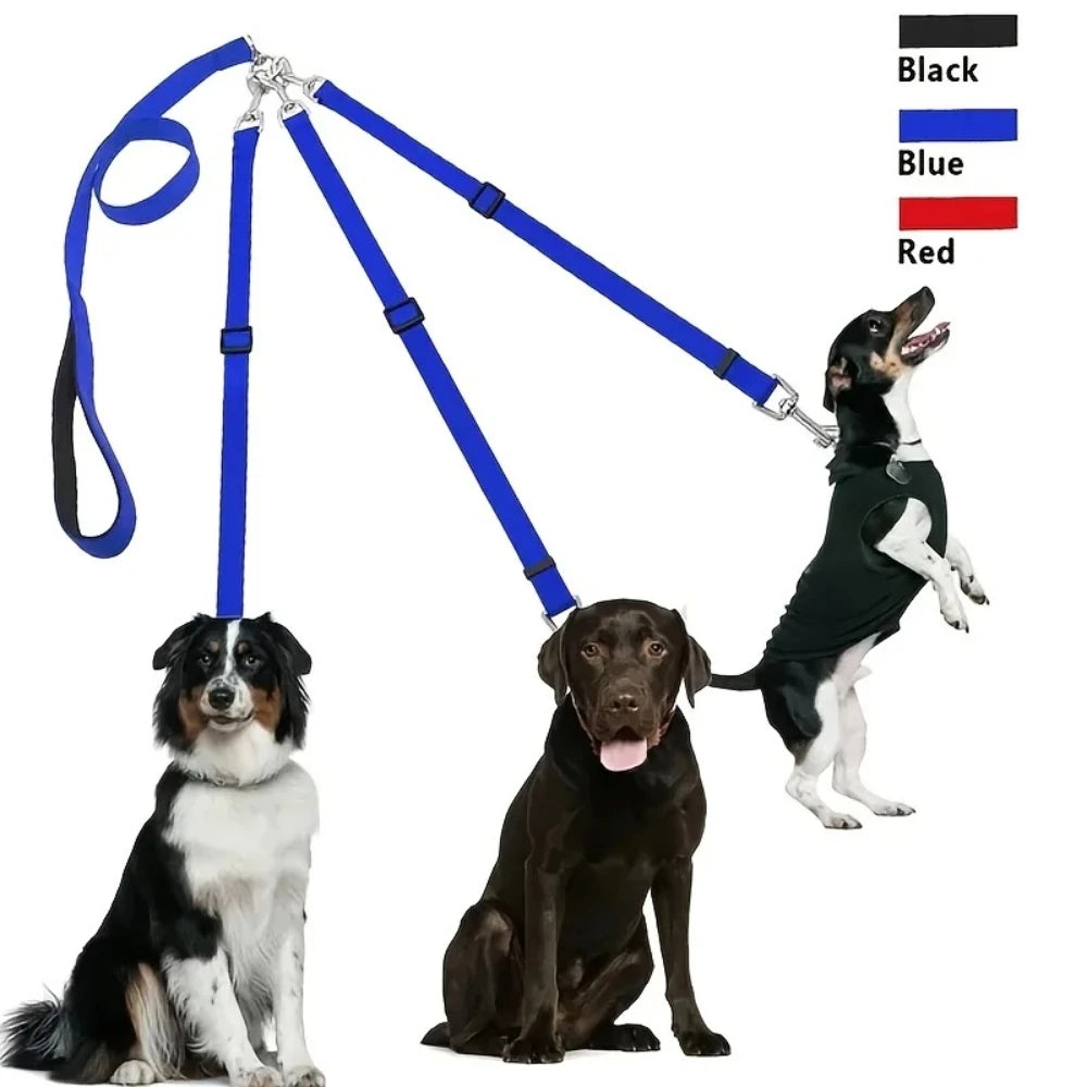 A 3-in-1 nylon dog leash with padded handles in black, blue, and red colors shown against a white background.