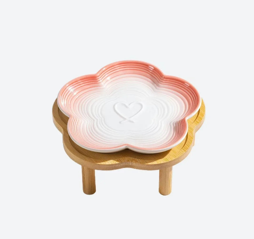 Ceramic Pet Bowl with Wood Stand – Elegant Bow Knot Design