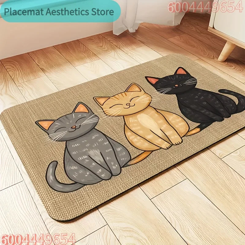 A woven mat featuring a pattern of three cats in shades of gray, orange, and black for pet feeding.
