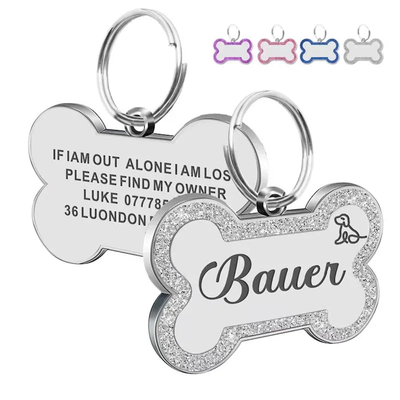 Silver double-sided pet ID tags with a paw print design and the name Bauer engraved on them