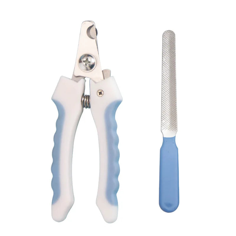 A pair of stainless steel pet nail clippers with white and blue handles and a metal blade.