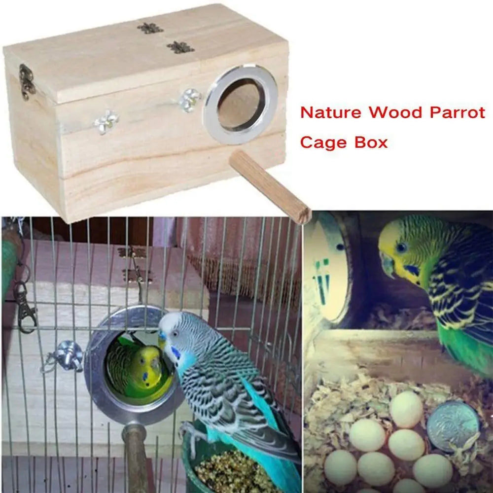 A natural wood parrot cage box with a circular entrance, featuring a budgie inside.