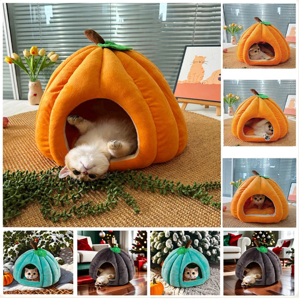 Casa para Mascotas en Forma de Calabaza 3D - Cama Semi-Abierta con Cojín Removible