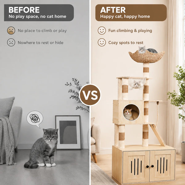 A comparison showing a cat's unhappy situation before and happy situation after using a wooden multi-functional cat tree with