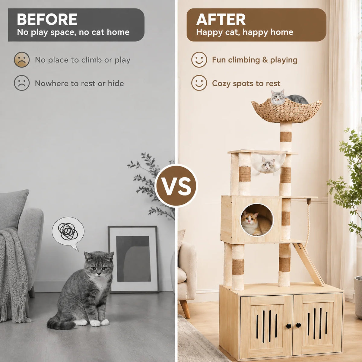 A comparison showing a cat's unhappy situation before and happy situation after using a wooden multi-functional cat tree with
