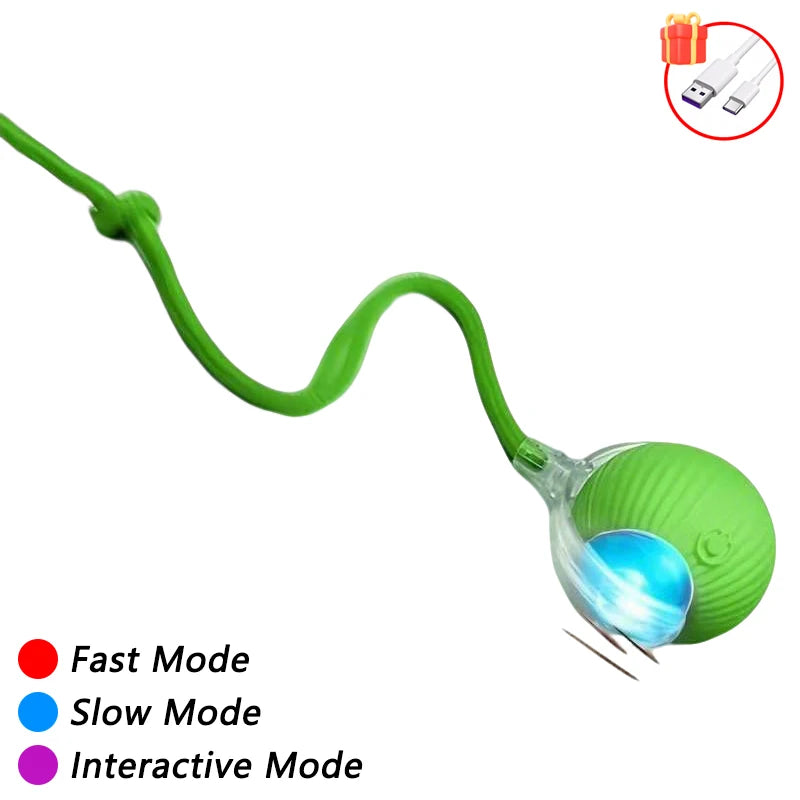 Green self-moving cat toy ball with LED lights and a faux tail