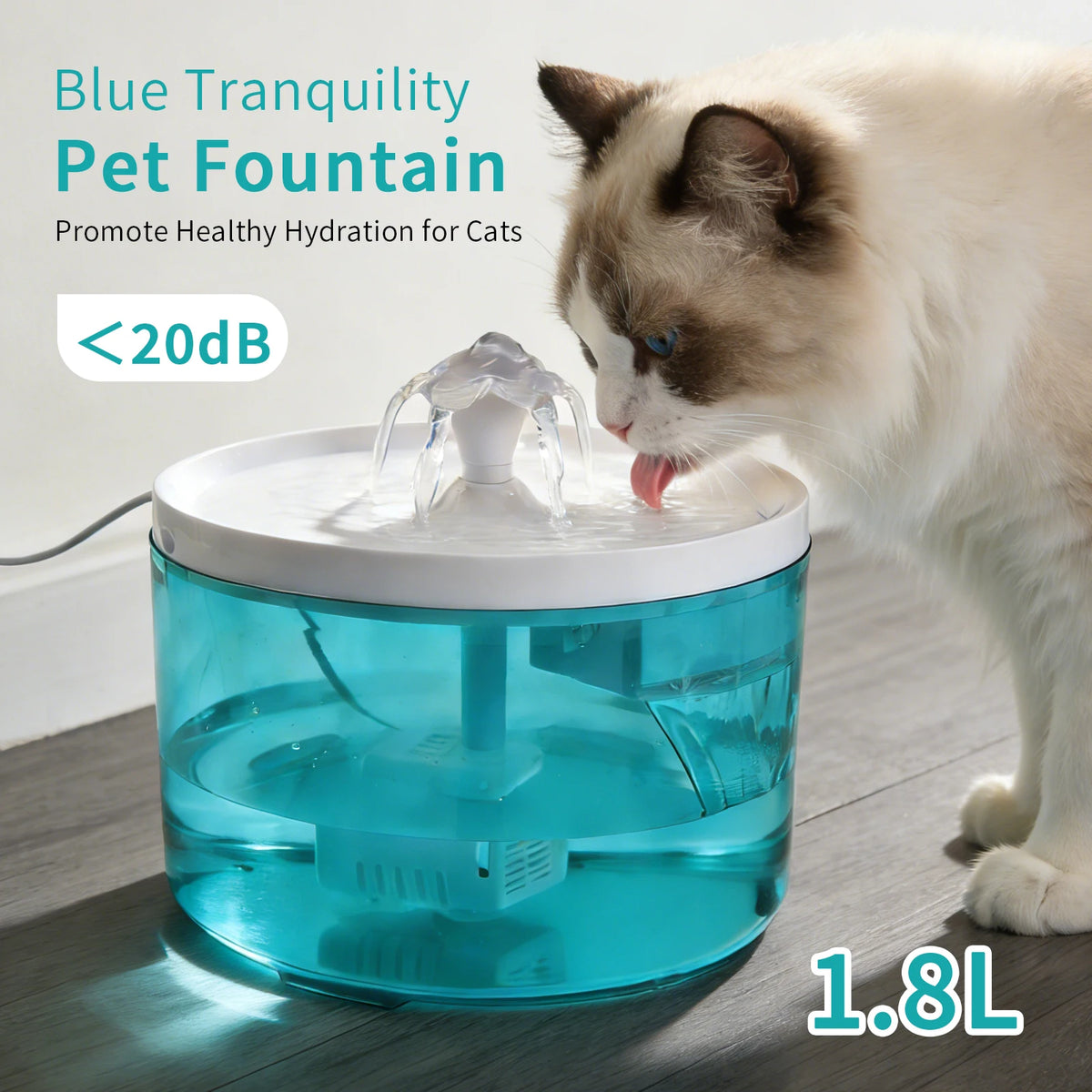 A light brown cat is drinking water from a blue pet fountain. The fountain is clear and has a 1.8L capacity.