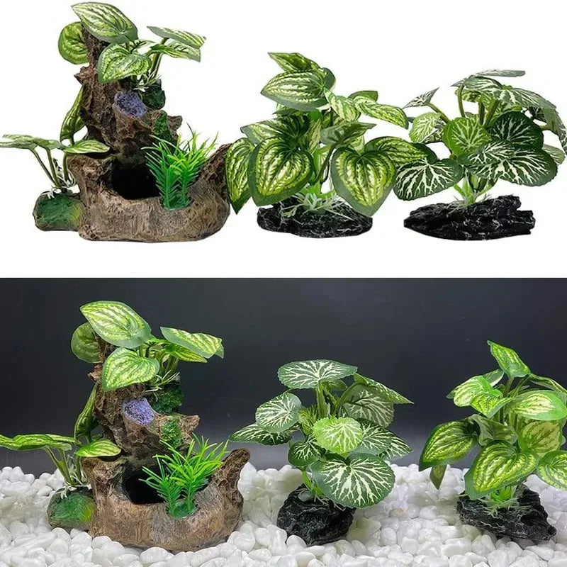 A set of realistic plastic plants with secure bases for aquarium landscaping.