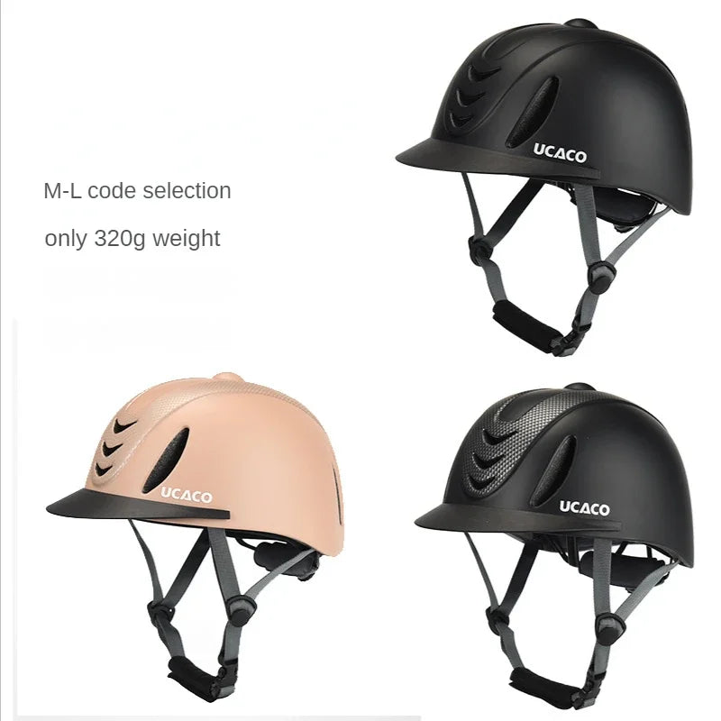Two UCAC0 equestrian helmets shown, one black and one beige, with adjustable chin straps.