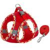 Red reflective adjustable dog harness and leash set with silver hardware