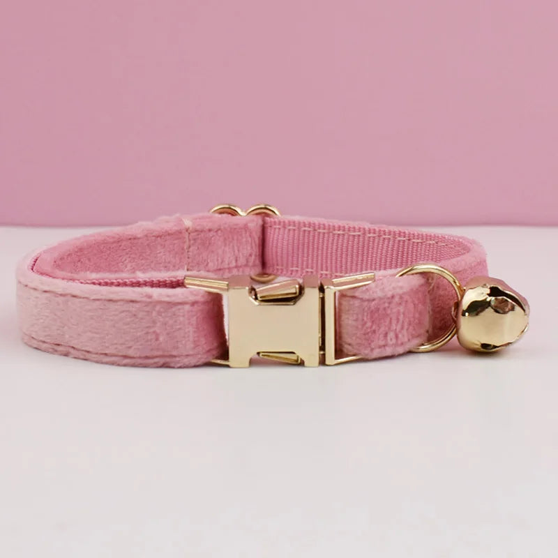 A pink velvet cat collar with a gold-tone buckle and a small gold bell.