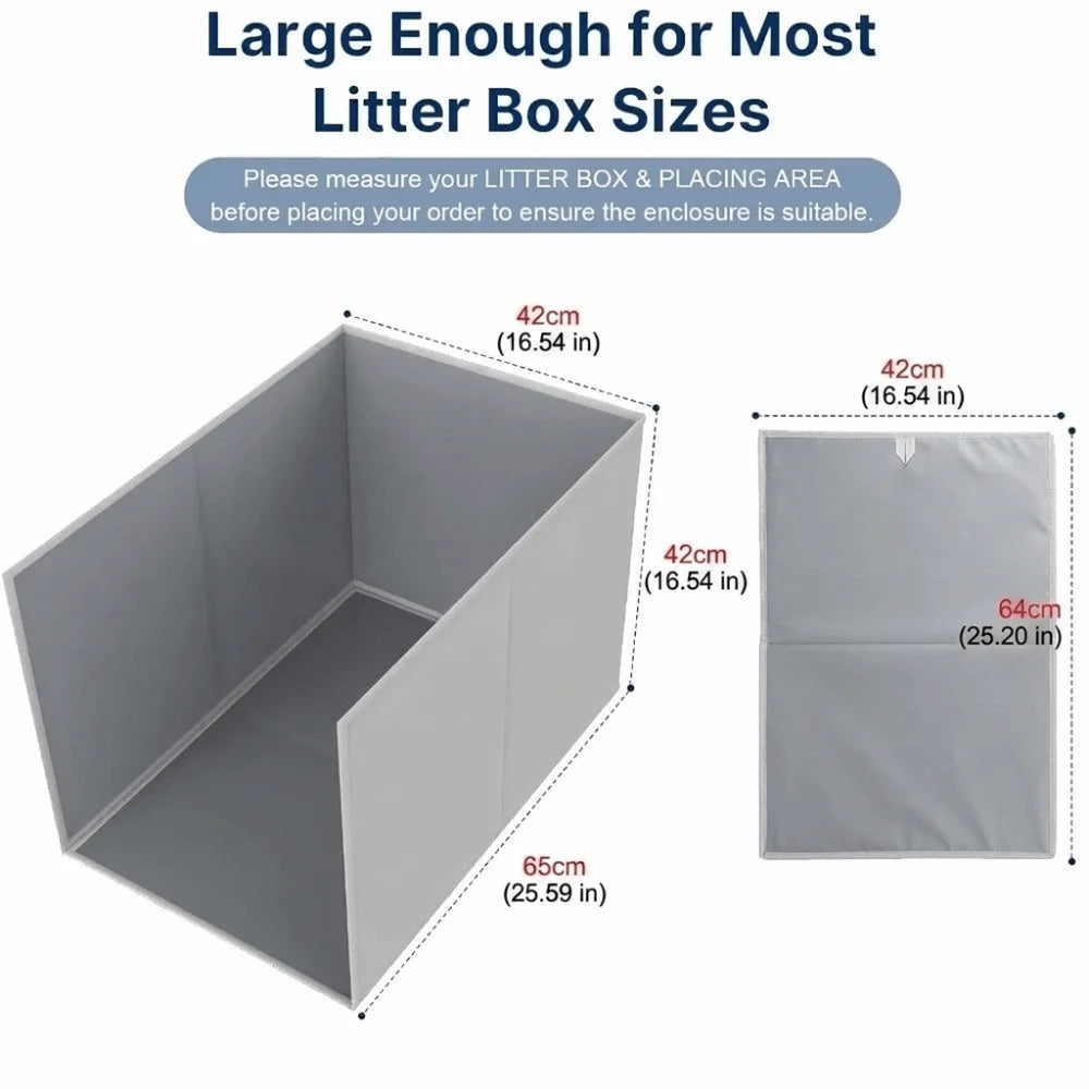 A gray foldable cat litter box enclosure with a splash guard shown in various views.