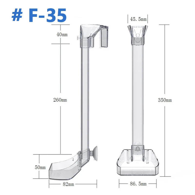 A transparent aquarium fish feeding tube with various dimensions shown.