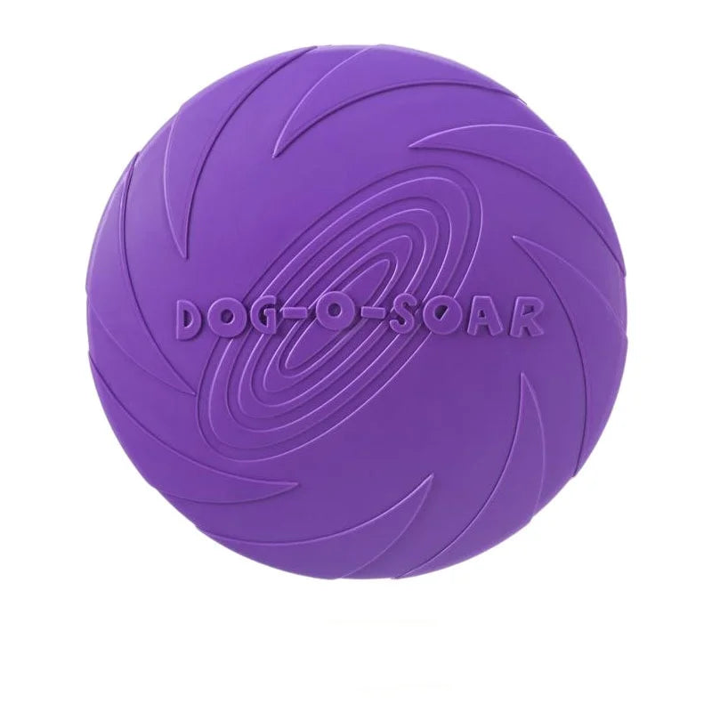 A purple silicone flying disc for dogs with swirling patterns.