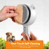 A hand holds a white grooming brush with a sponge and fine water spray, demonstrating its one-touch self-cleaning feature.