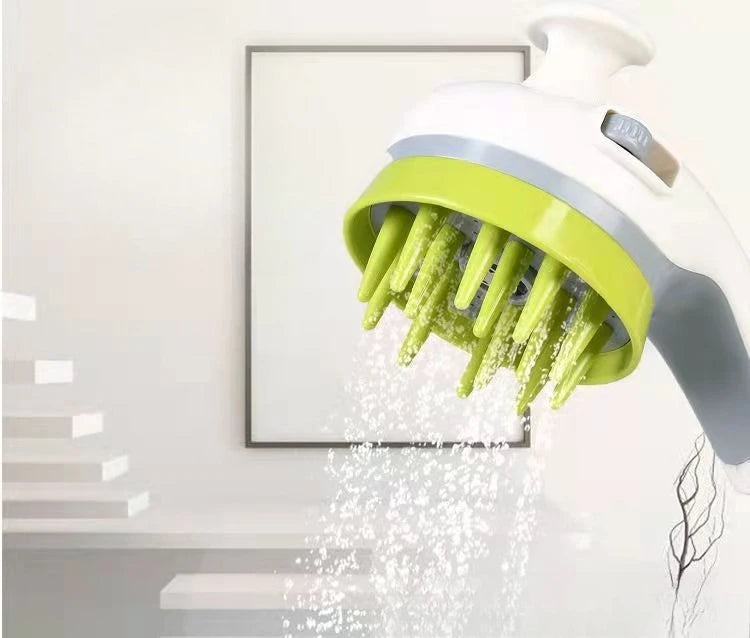 A white pet bath nozzle with a bright green brush is shown spraying water onto a surface.