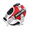 A red and white reflective dog harness with black padding and a black name tag on a white strap.