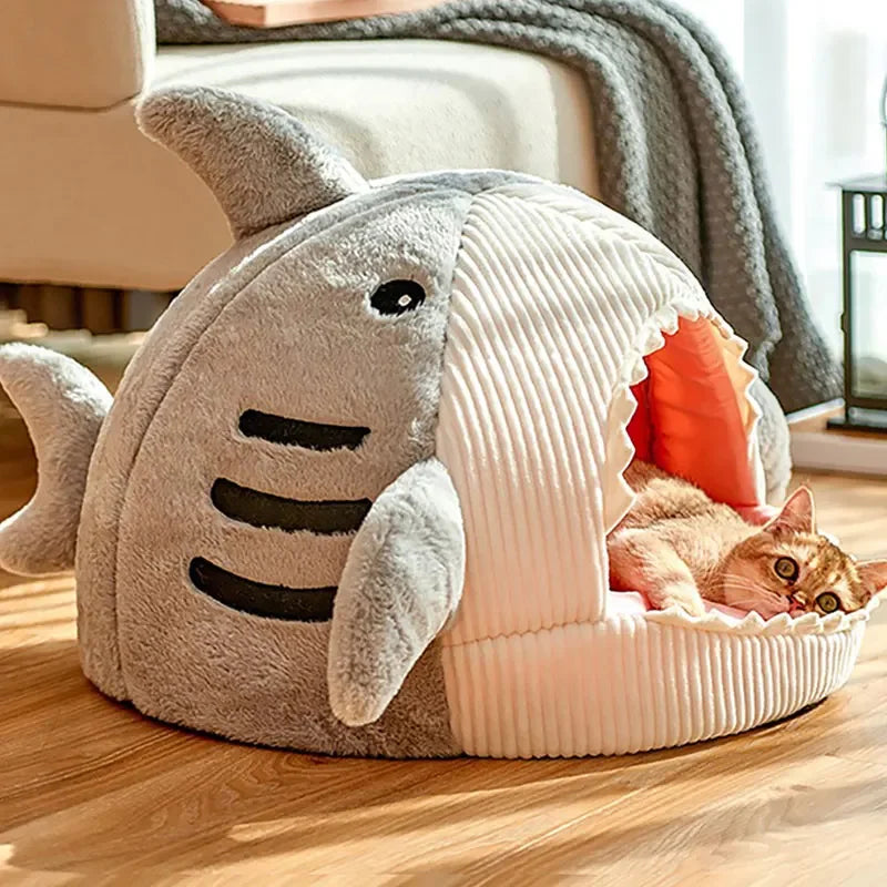 Cartoon Shark Pet Cave Bed for Cats and Small Dogs