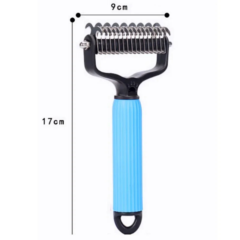 A double-sided stainless steel dematting comb for dogs with a black handle and light blue body.