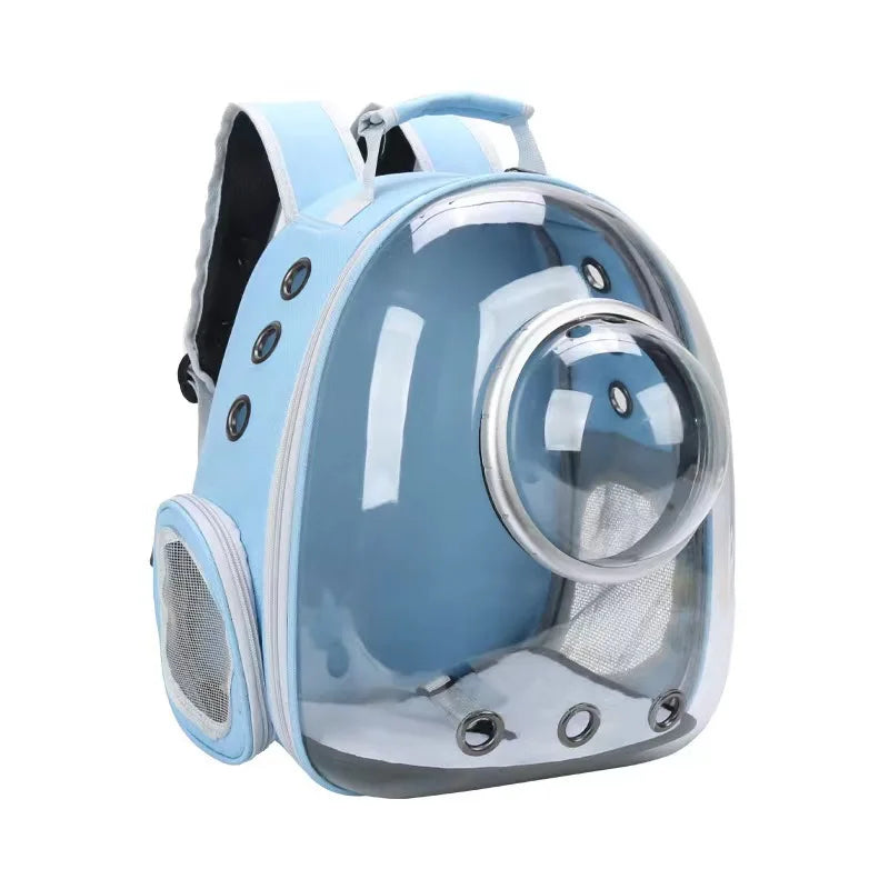 A light blue transparent portable backpack designed for pets, featuring a mesh opening.
