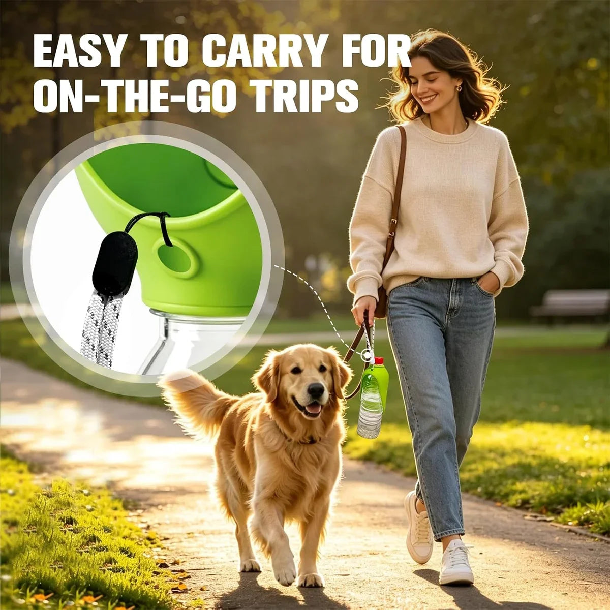 A woman walks with a golden retriever, carrying a foldable silicone dog water bottle with a leash attachment.