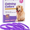 A box of calming collars and several purple pet calming collars are displayed.
