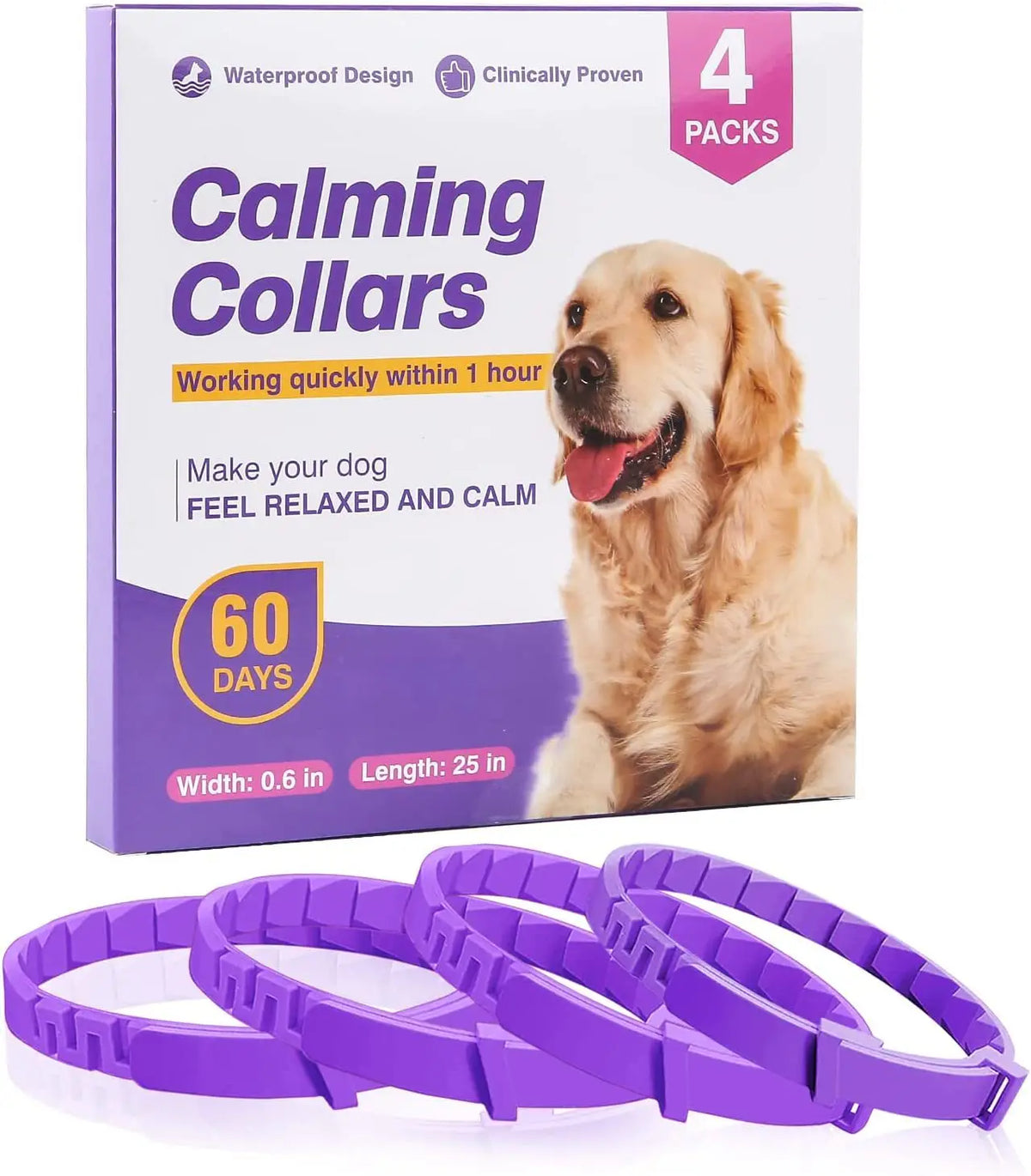 A box of calming collars and several purple pet calming collars are displayed.