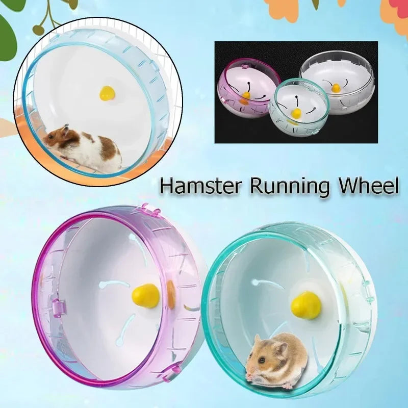 Roulette pour hamster en acrylique rose et transparent avec un petit hamster brun visible à l'intérieur.