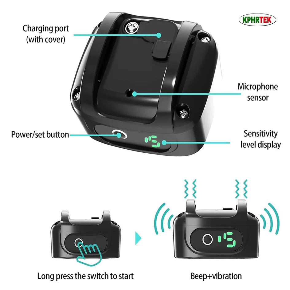 A black rechargeable anti-bark dog collar showing features like a charging port, power button, and sensitivity level display.