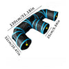 A black and blue foldable rainbow cat tunnel with multiple entrances shown in a curved shape.