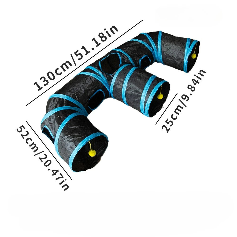 A black and blue foldable rainbow cat tunnel with multiple entrances shown in a curved shape.