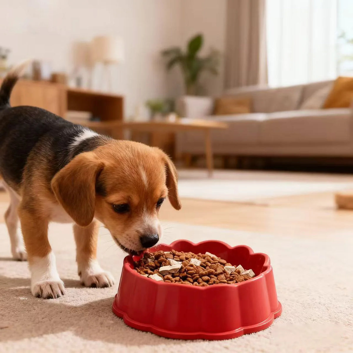 A small brown dog looks at a red pet feeding bowl filled with dry kibble on a light wooden floor.