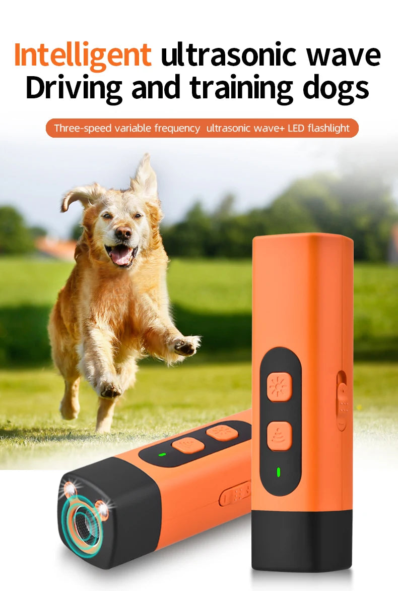 An orange ultrasonic wave dog training device with a battery and flashlight is shown next to a dog running in a grassy field.
