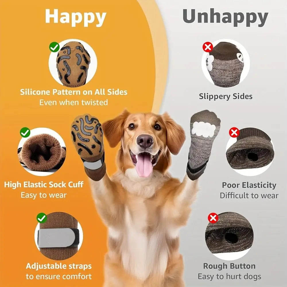 A dog wearing silicone pattern socks for paw protection, demonstrating happy and unhappy usage.