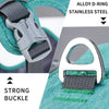 Close-up of a gray alloy D-ring and strong buckle on a teal fabric strap for a dog harness.